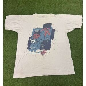 Vintage‎ Mens T Shirt Mens Large White Floral Garden Heart Graphic Splatter